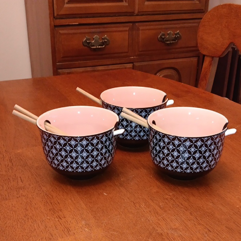 Bowls Set Of Three with Chopsticks And Spoons Roman Noodles Bowls